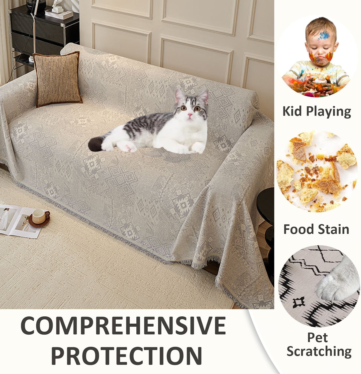 Couch Cover Sofa Cover with Tassel, Soft Chenille Boho Couch Covers Sofa Covers Washable Furniture Cover for Living Room  ﻿