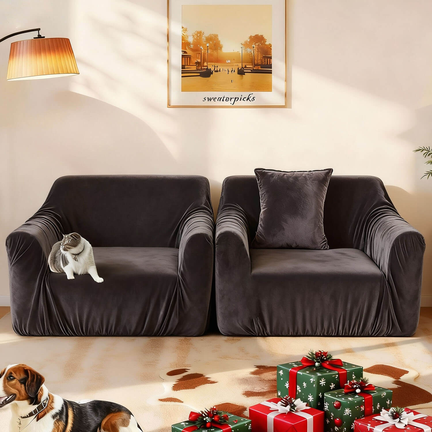 Velvet Plush Corner Sectional Corner Sofa Covers , Stretch Sofa Slipcover