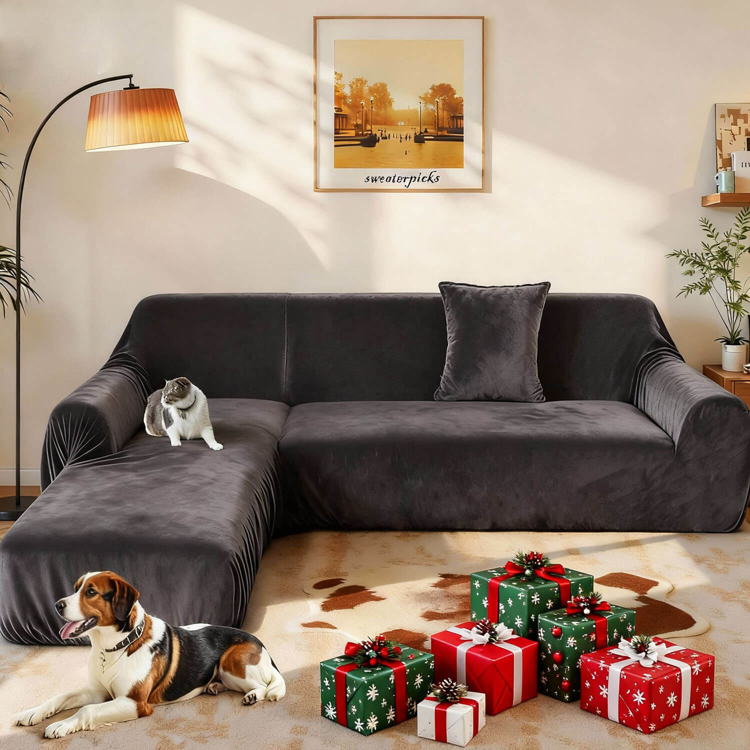 Velvet Plush Corner Sectional Corner Sofa Covers , Stretch Sofa Slipcover