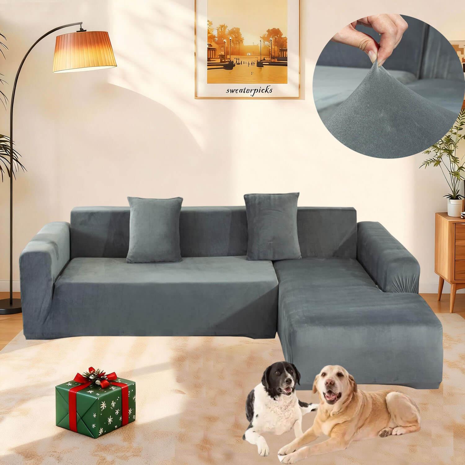 Velvet Plush Corner Sectional Corner Sofa Covers , Stretch Sofa Slipcover