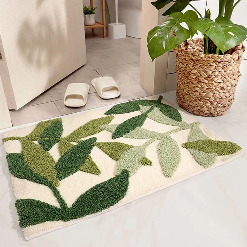 Green Leaf Bath Mat , Tufted Bathroom Rug