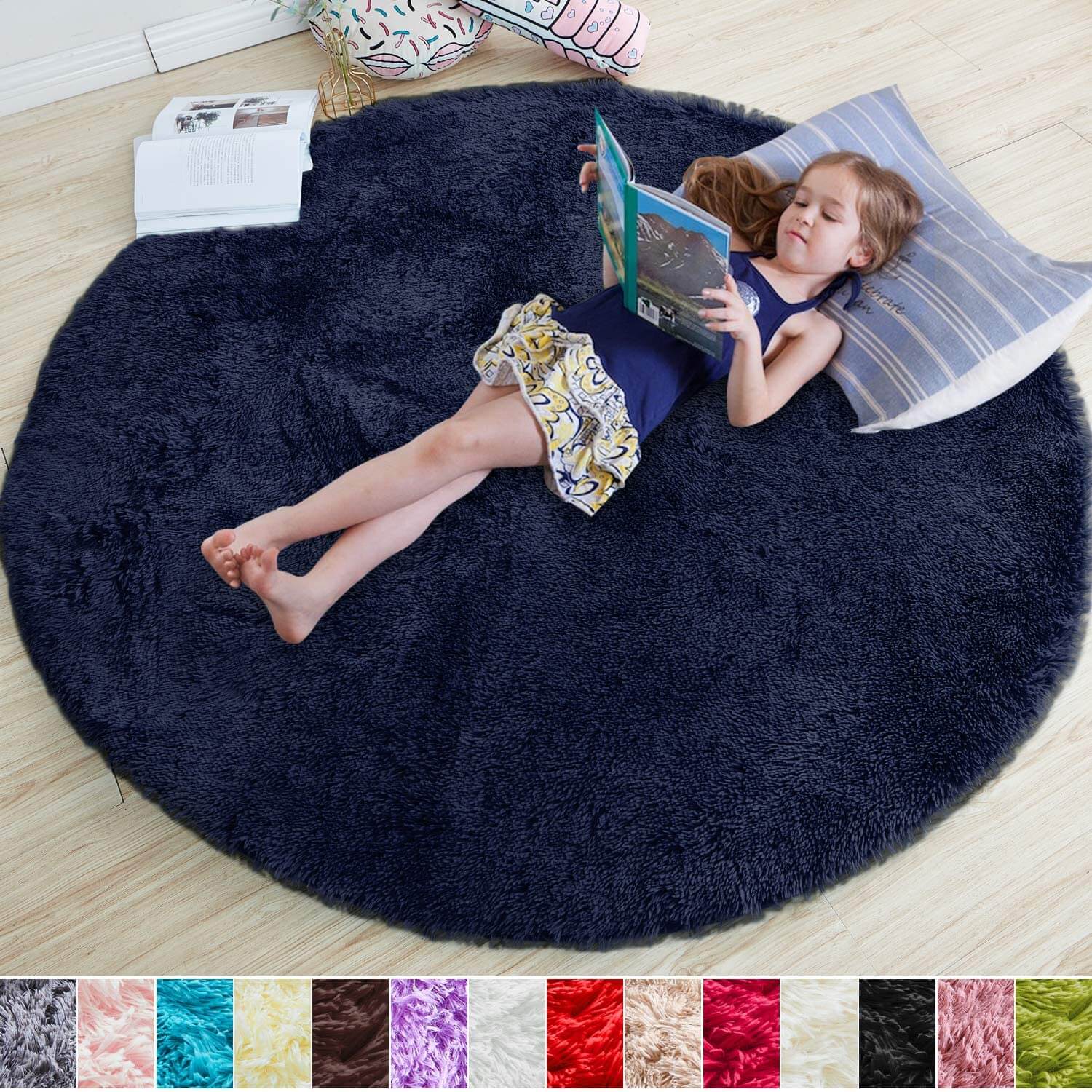 Small Floor Pillow Round, Navy Faux Shag