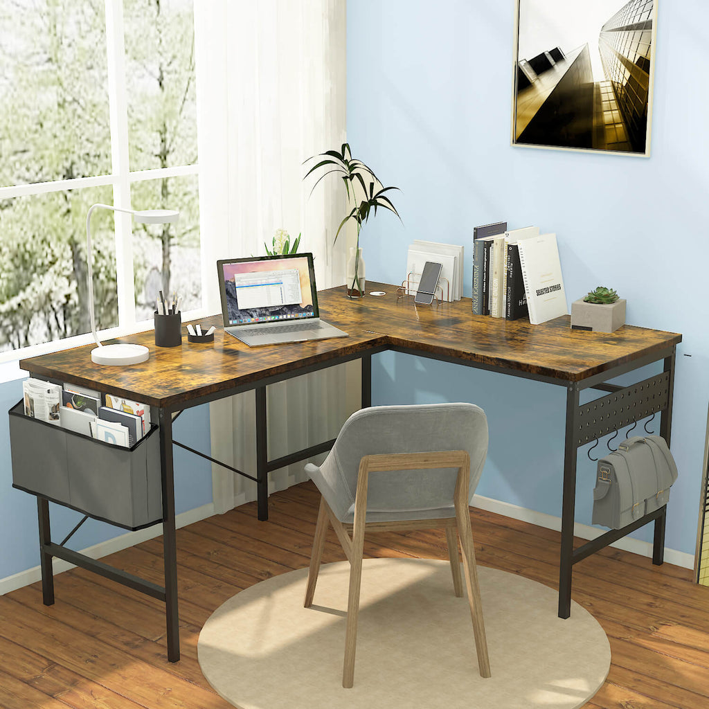 L Shaped Computer Desk with Storage Bag and Headphone Hook